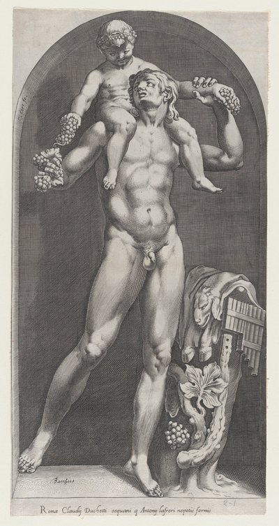 Mirror of Roman Magnificence: Bacchus on the Shoulders of a Satyr, 1500-tallet., 1500-tallet. af Cornelis Cort