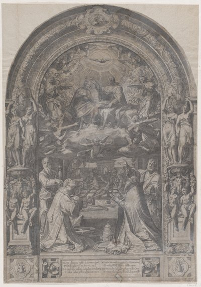 Jomfruens kroning med Sankt Lawrence, Sankt Paul, Sankt Peter og Sankt Sixtus, 1576. af Cornelis Cort