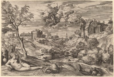 Landskab med Roger Liberating Angelica af Cornelis Cort after Titian