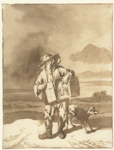 En ung mand med et kigshow og en hund Dreng med udsigtsboks og hund, ca. 1700 af Cornelis Dusart