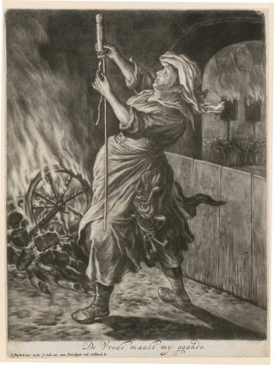 En kvinde tænder en signalraket, blad 5 fra serien «Almindelig glæde over belejringen af Namur ved Vilhelm III, 1695» af Cornelis Dusart