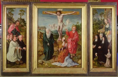 Triptykon om korsfæstelsen: St. Barbara med donorer (højre fløj); St. James the Greater med donorer (venstre fløj); Korsfæstelsen (i midten) af Cornelis Engebrechtsz