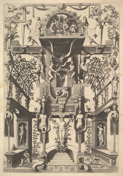 Fantastisk arkitekturstruktur med stropper og to pergolaer og en lille scene med Vu..., 1557. af Cornelis Floris Ii