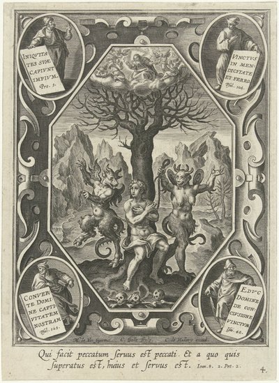 En ung mand er lænket til et træ af to djævle af Cornelis Galle (I)