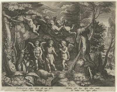 Johannes Døberen er ledsaget af engle, når han går ud i ørkenen Johannes Døberens liv (serietitel) af Cornelis Galle (I)