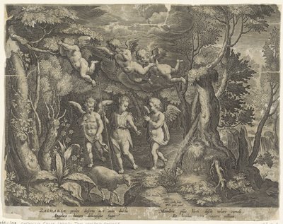 Johannes Døberen er ledsaget af engle, når han går ud i ørkenen Johannes Døberens liv (serietitel) af Cornelis Galle (I)