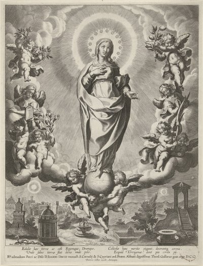 Maria på en globus, omgivet af engle af Cornelis Galle (I)