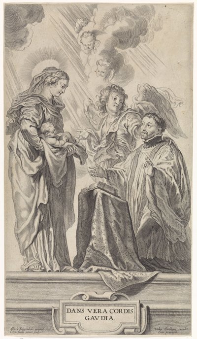 En ukendt helgen (Ignatius af Loyola?) knæler foran Maria med barn af Cornelis Galle (II)