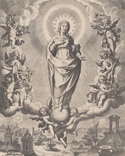 Jomfruen i herlighed, stående på skyer og omgivet af engle med symbolerne ..., 1595-1633. af Cornelis Galle I