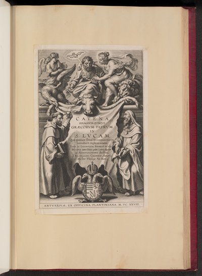 Titelblad for Balthasar Cordier, Chain of Sixty Qvinqve Graecorvm Patrvm i S. Lvcam... af Cornelis Galle I after Sir Peter Paul Rubens