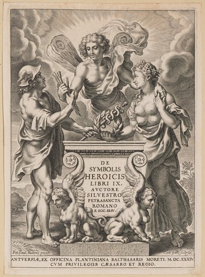 Titelside for Silvester Pietrasanta, om heltemodige symboler af Cornelis Galle I after Sir Peter Paul Rubens