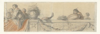 Folk på en balustrade med festoner Design til vægmalerier i Honselaersdijk Slot (serietitel) af Cornelis Holsteyn