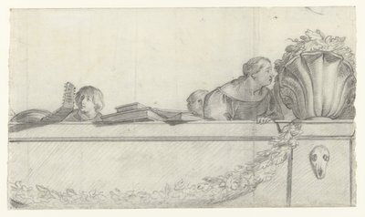Folk på en balustrade med festoner Design til vægmalerier i Honselaersdijk Slot (serietitel) af Cornelis Holsteyn