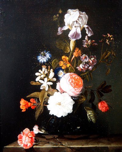 Et stilleben af blomster i en vase hvilende på en afsats (olie på panel) af Cornelis Kick