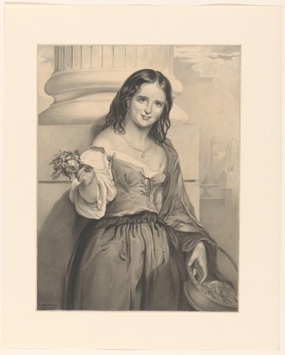 Blomstersælger, stående foran en søjle af Cornelis Kruseman