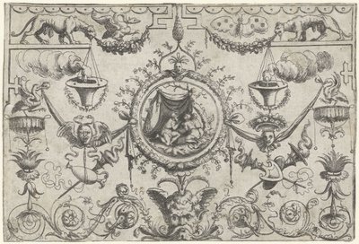 Ornament med tre figurer knælende under et klæde af Cornelis Massijs (attributed to)