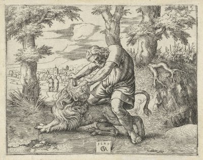 Samson dræber løven History of Samson (serietitel) af Cornelis Massijs