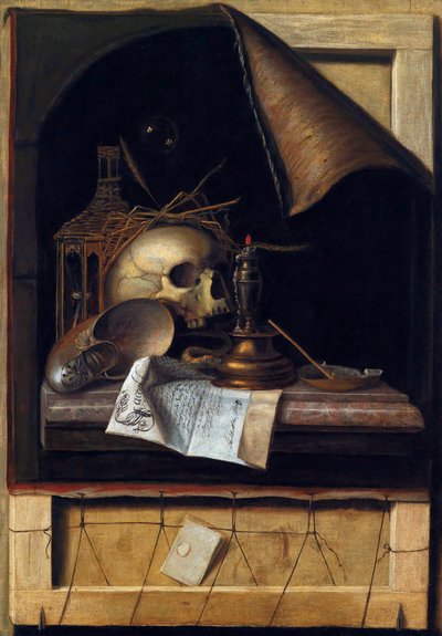 ""Nature morte a la vanite"" (Vanitas Still Life) Peinture de Cornelis Norbertus Gysbrechts ou Gijsbrechts (1630 - 1675) Olie på lærred Dim 89x62 cm Privat samling af Cornelis Norbertus Gysbrechts
