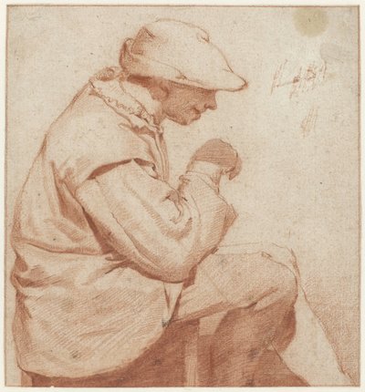 Siddende mand med en blød kasket, i profil til højre, med højre hånd løftet af Cornelis Pietersz. Bega (attributed to)