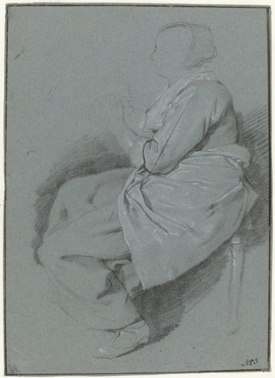Siddende kvinde, i profil til venstre, iført forklæde af Cornelis Pietersz. Bega