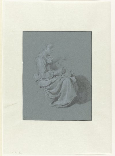 Siddende kvinde, i profil til højre, med en kande i højre hånd af Cornelis Pietersz. Bega