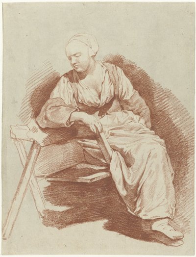 Studie af en siddende kvinde, lænet på sin højre arm af Cornelis Pietersz. Bega