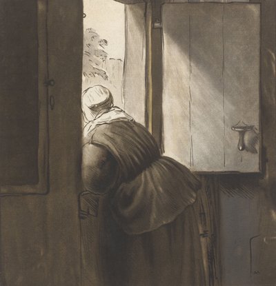 En kvinde, der læner sig op ad bunddøren, efter Rembrandt van Rijn af Cornelis Ploos van Amstel