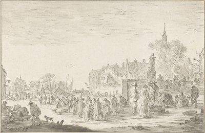 fiskemarked af Cornelis Ploos van Amstel (signed by artist)