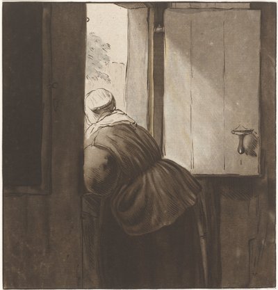 Kvinde læner sig over en lavere dør af Cornelis Ploos van Amstel (signed by artist)