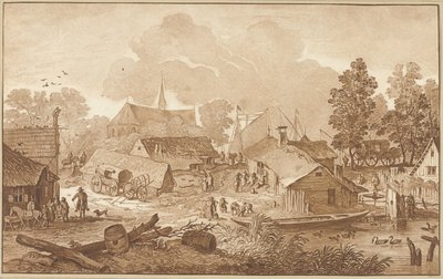 Udsigt til landsbyen med dam af Cornelis Ploos van Amstel