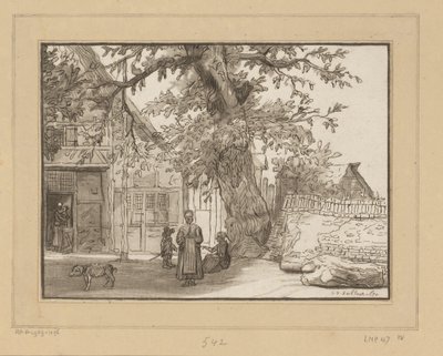 Kro i Anrath Udsigt til landsbyen med stort træ af Cornelis Ploos van Amstel