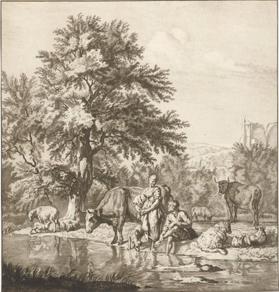 Hyrde og hyrdinde med flok ved en flod Trykt værk (serietitel) af Cornelis Ploos van Amstel