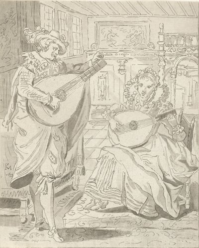 Lute spiller herre og dame af Cornelis Ploos van Amstel