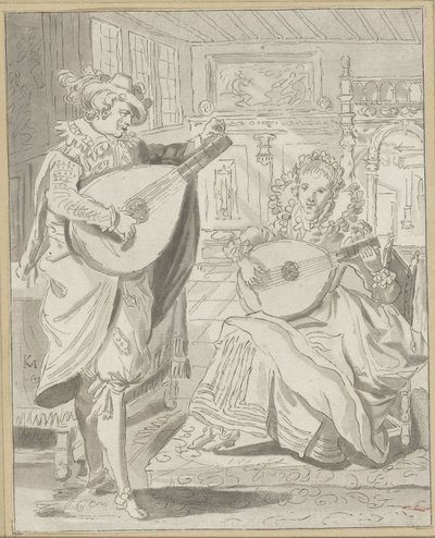 Lute spiller herre og dame af Cornelis Ploos van Amstel