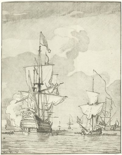 Krigsskib, der affyrer et skud af Cornelis Ploos van Amstel