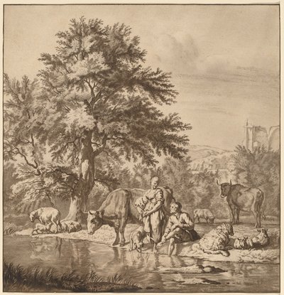 Hyrde og hyrdinde med deres flok af Cornelis Ploos van Amstel after Adriaen