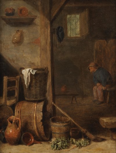 Et køkkeninteriør med en figur, der sidder i det tilstødende rum af Cornelis Saftleven