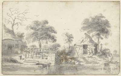 Gård med lade på vandet af Cornelis Saftleven