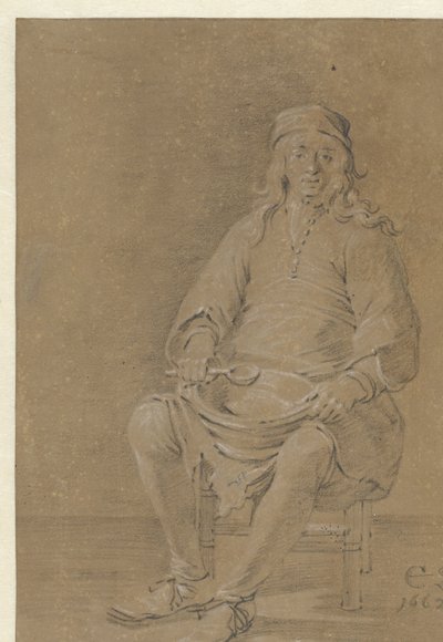 Siddende mand med en skål på skødet af Cornelis Saftleven