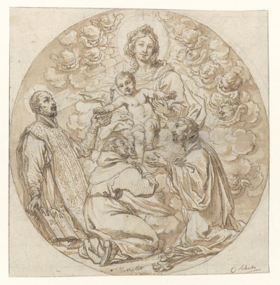 Jomfru og barn tilbedt af den hellige Ignatius af Loyola, den hellige Frans Xavier og den hellige munk af Cornelis Schut (I)
