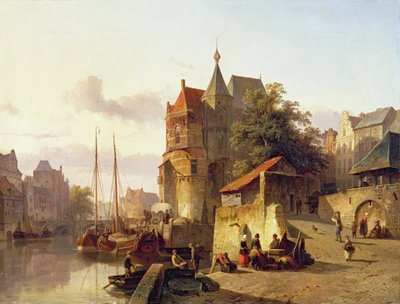 Befæstede bygninger ved bredden af en kanal af Cornelis Springer