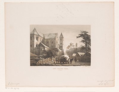 Kvæg med vogn foran kirken fra det 11. århundrede Peterskirken (11. århundrede) (titel på objektet) af Cornelis Springer