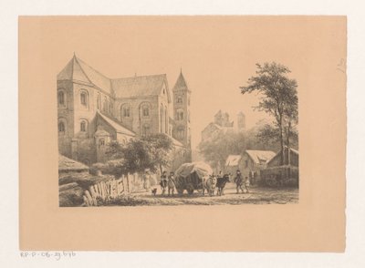 Kvæg med vogn foran kirken fra det 11. århundrede Sankt Peters Kirke af Cornelis Springer