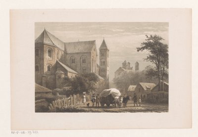 Kvæg med vogn foran kirken fra det 11. århundrede Sankt Peters Kirke af Cornelis Springer