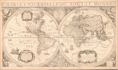 Relief vist billedmæssigt. Indeholder illustrationer, noter og to himmelske halvkugler. Samlet af to ark. LC kopi let farvet, kun i grøn. Monteret på stof, med stifthuller i alle hjørner. Shirley, R.W. Mapping of the world, 323 Tilgængelig en af Cornelis; Tavernier Danckerts