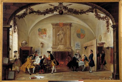 Allegori om krig mod Frankrig Hollandske soldater studerer strategier under den spanske arvefølgekrig (1701-1714) mellem Frankrig og Spanien og en koalition dannet af England, Holland og Preussen. Maleri af Cornelis Troost (1697-1750) 1747 Ha af Cornelis Troost