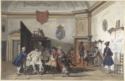 Vagtstue med læse-, ryge- og kortspillende betjente af Cornelis Troost