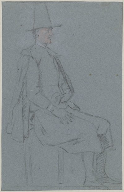 Siddende kvaksalver, profil til højre, en hånd på låret af Cornelis Troost