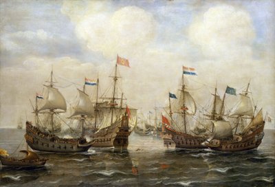 Et sammenstød mellem spanierne og hollænderne omkring 1630, hver båd har sit eget flag, og til venstre bærer en båd de hollandske generalstaters flag. af Cornelis Verbeeck