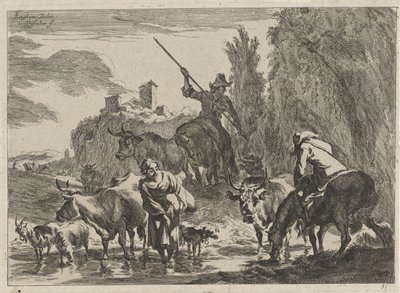 Hyrder med kvæg vader gennem et vandløb Landskaber (serietitel) af Cornelis Visscher (II)